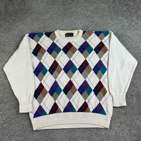 VINTAGE Kipling Sweater Mens XL Beige Argyle Trader Vic's Cotton Pullover 80s - Picture 2 of 11